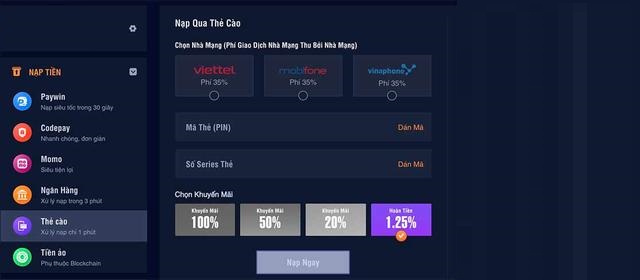 Bạn có thể lựa chọn tới 6 phương án để nạp tiền tại cổng game với thủ tục đơn giản Bạn có thể lựa chọn tới 6 phương án để nạp tiền tại cổng game với thủ tục đơn giản