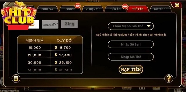 Quy trình nạp tiền Hit Club