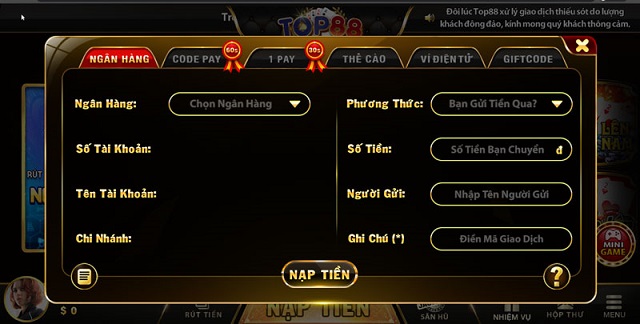 Nạp tiền tại TOP88 đơn giản với nhiều phương thức khác nhau